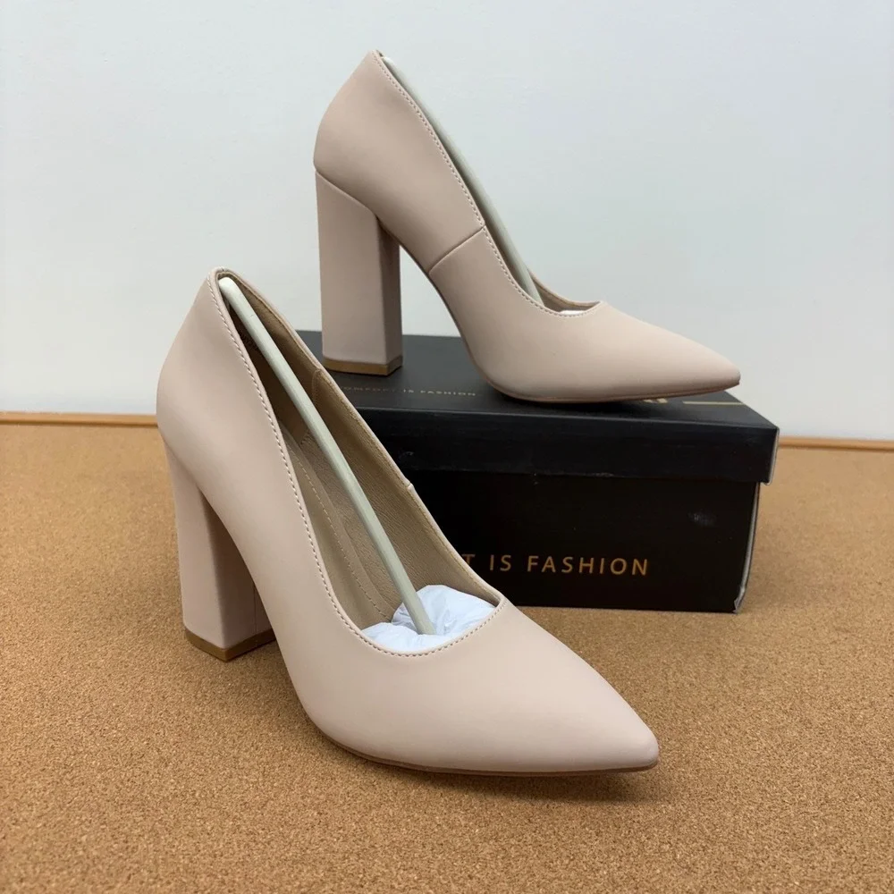 IDIFU‎ IN4 Nude 8 Pointed Toe Block Heel Pumps Womens Neutral Dress Shoes
